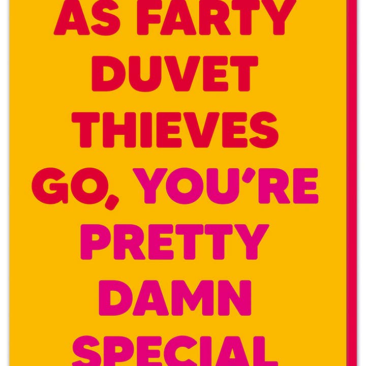 Farty duvet thieves Greeting Card for wholesale by Dean Morris Cards