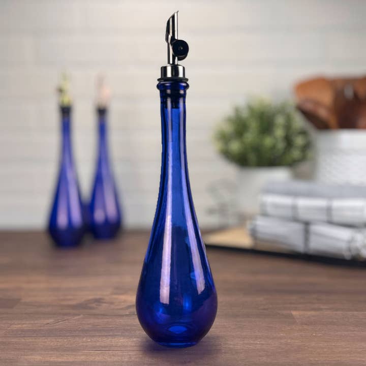 Blush Apothecary - Wholesale Oil/Vinegar Dispenser - 11.8-ounce Raindrop Cobalt Blue Bottle, Weighted Pour Spout
