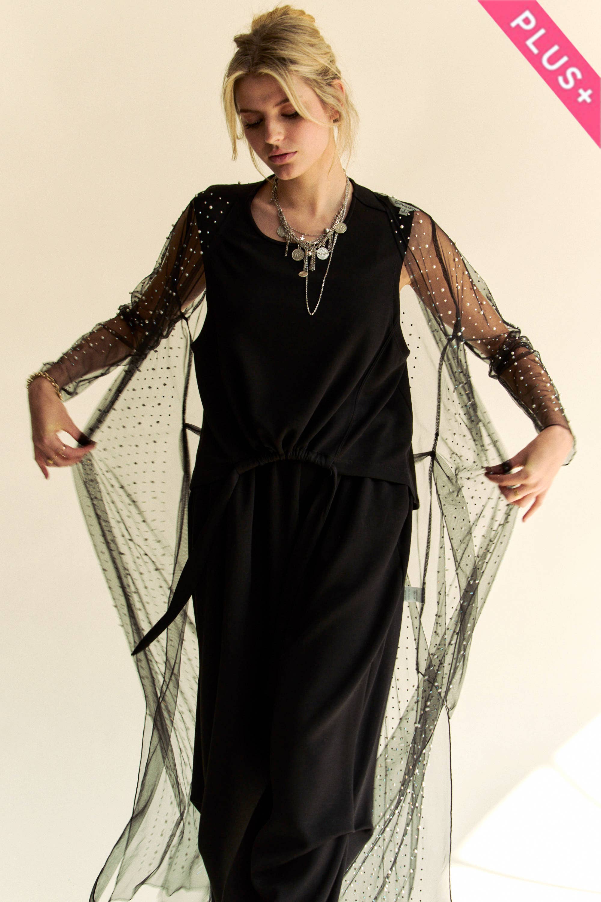 Davi & Dani – Großhandel Strickjacke – Damen – PLUS-Strickjacke mit Mesh, Perlen, Strass und offenem Vorderteil zum Binden17