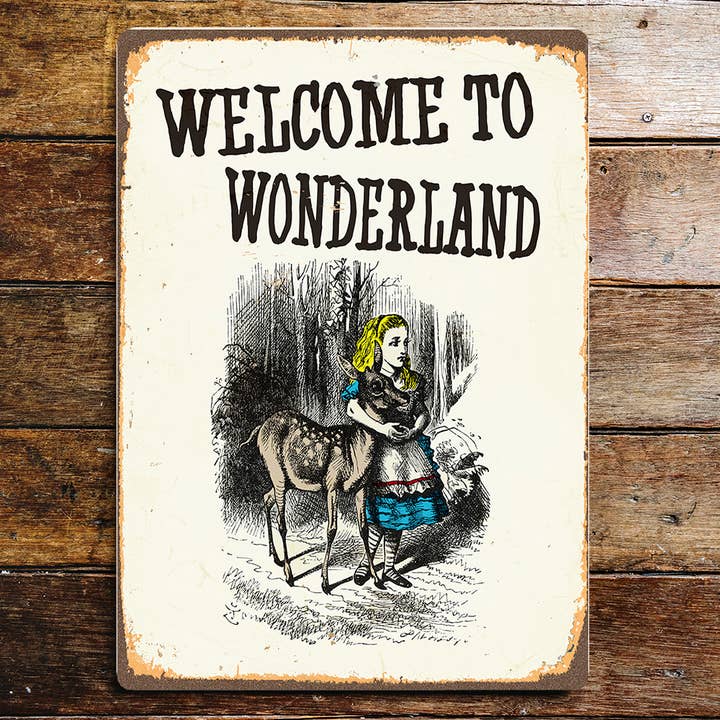 Welcome To Wonderland Alice in Wonderland Metal Sign Plaque for wholesale by The British Metal Signs Company