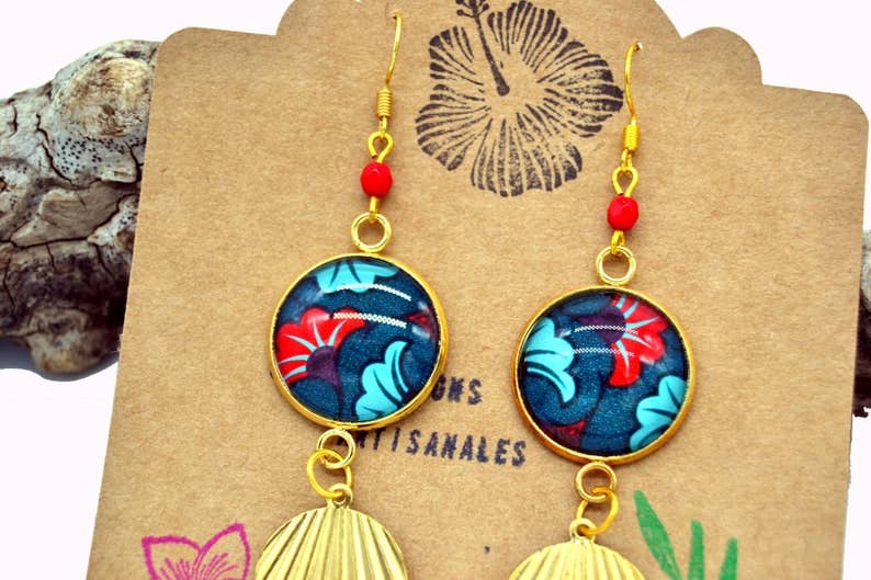 SUNKRIS - Wholesale Dangle Earrings - Ethnic wax earrings with red and blue ginkgo flowers2