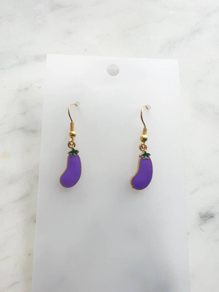 Kawaii Enamel Eggplant Dangle Earrings – Purple Veggie Earrings for wholesale by Carmen Miller Jewellery