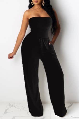 Rosa Clothing - Vente Combinaison – femme - Combinaison à jambes larges sans bretelles avec corsage smocké décontracté et simple5