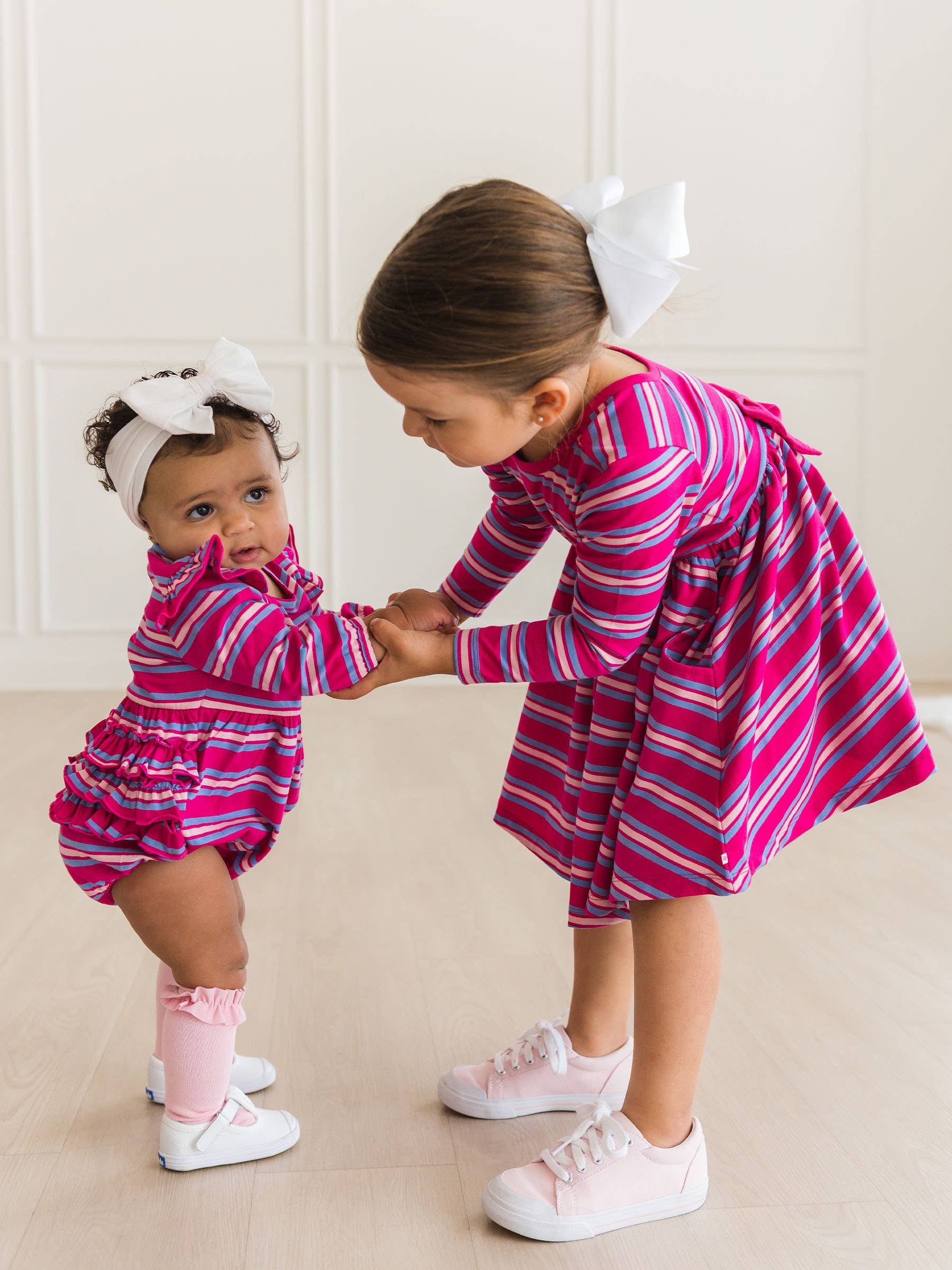 Pink Girls Very Berry & Periwinkle Blue Stripe Knit Long Sleeve Twirl Dress for wholesale on Faire10