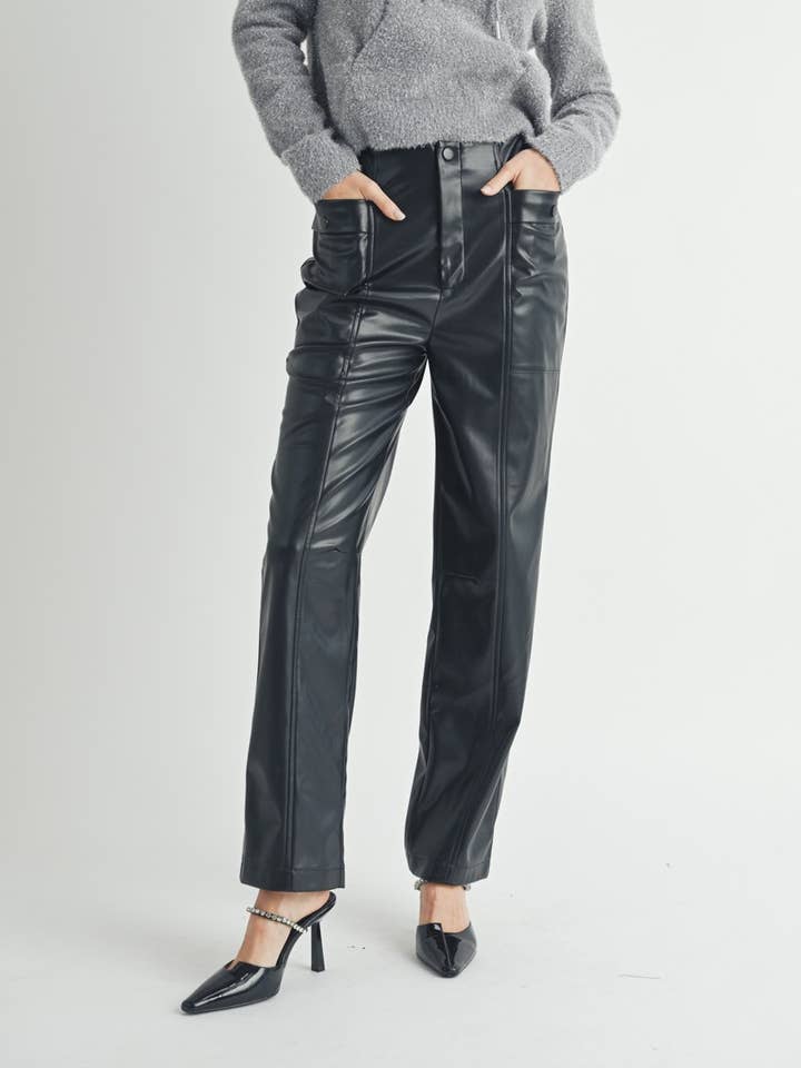 Pantaloni dritti in finta pelle con tasche utility -1 per la vendita all'ingrosso da parte di AIBLEE