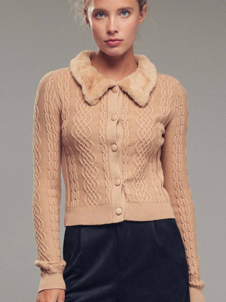 Faux Fur Collar Cable Knit Cardigan for wholesale by Urban Daizy