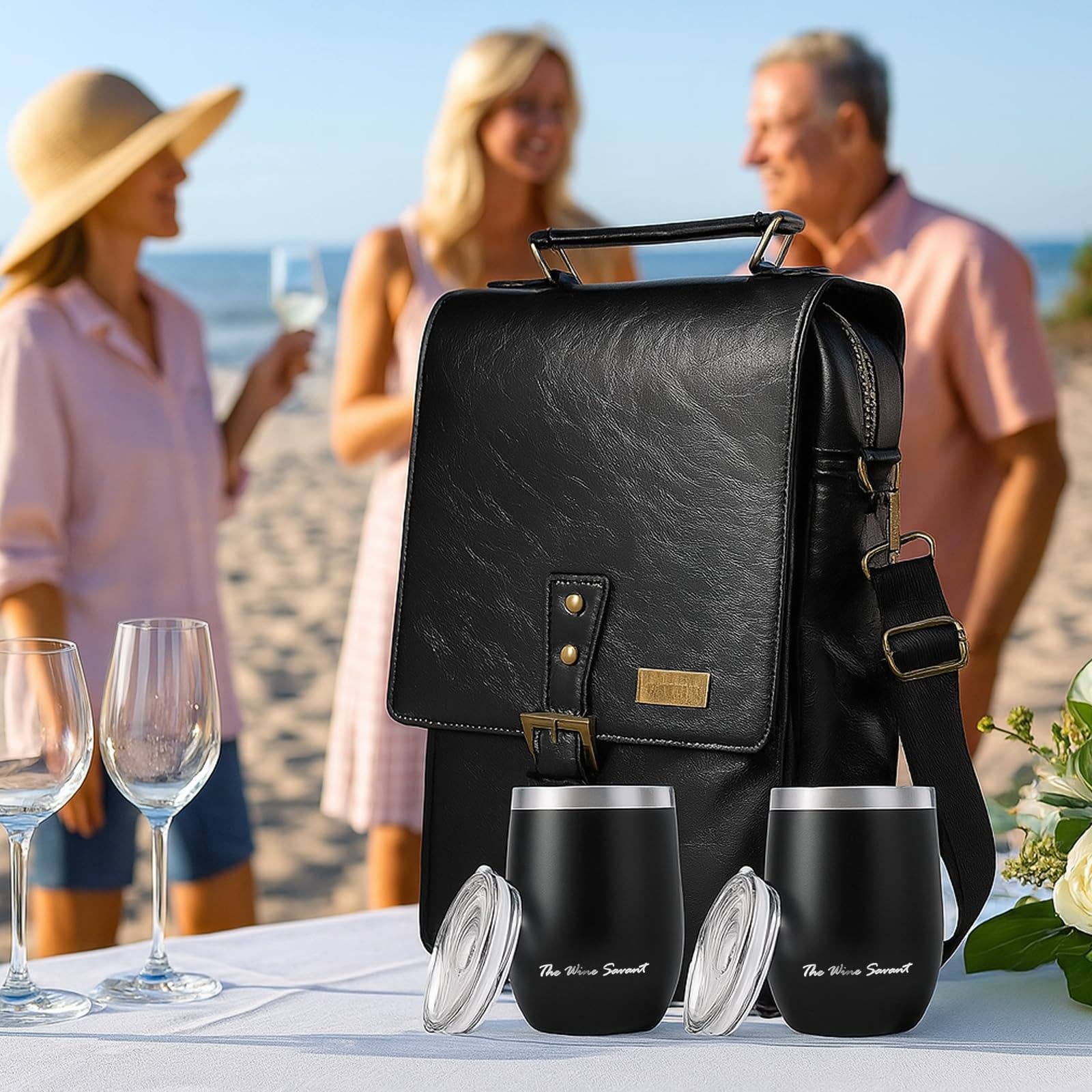 The Wine Savant /  Khen Glassware - Vente Sacs pour bouteilles de vin - Sac porte-bouteilles en cuir pour 3 bouteilles avec gobelets et ouvre-bouteille5