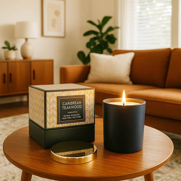 Mod Lounge Paper Company - Wholesale Jar/Filled Candle - Blue Caribbean Teakwood Mid Century Gold Foil Boxed Candle1