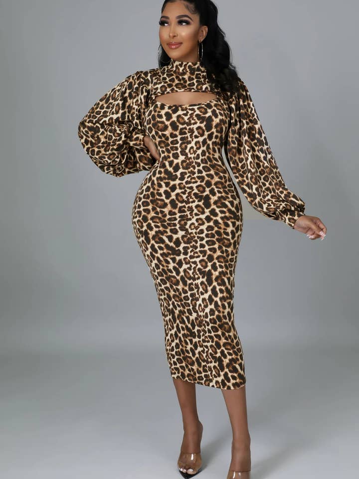 PRINT LEOPARD PRINT CASUAL PUFFY SLEEVE DRESS for wholesale on Faire1