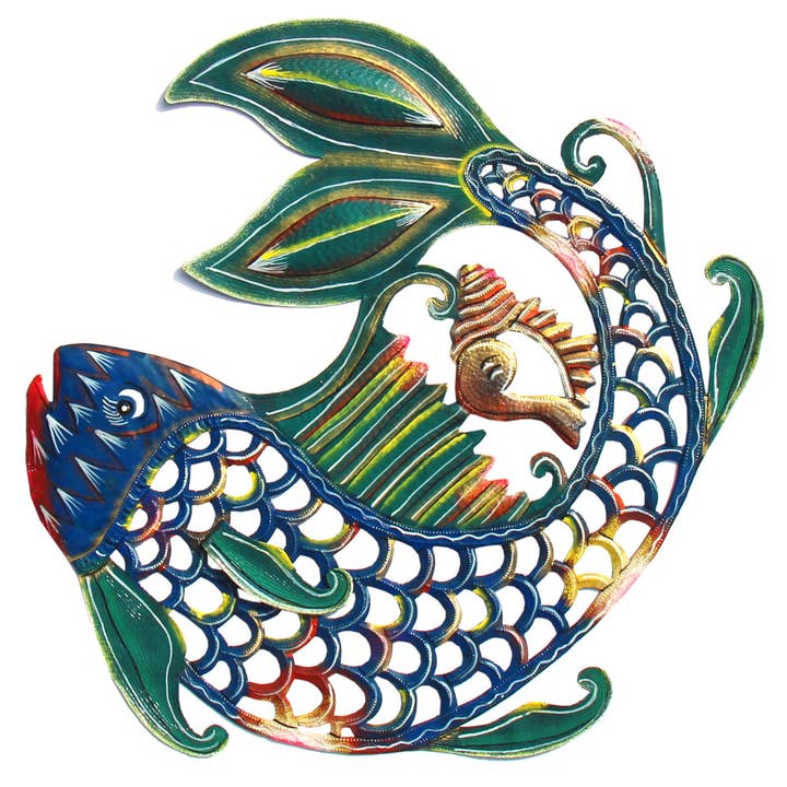 Global Crafts - Wholesale Wall Accent - 24" Fish and Shell Sea Life Nautical Haitian Metal Drum