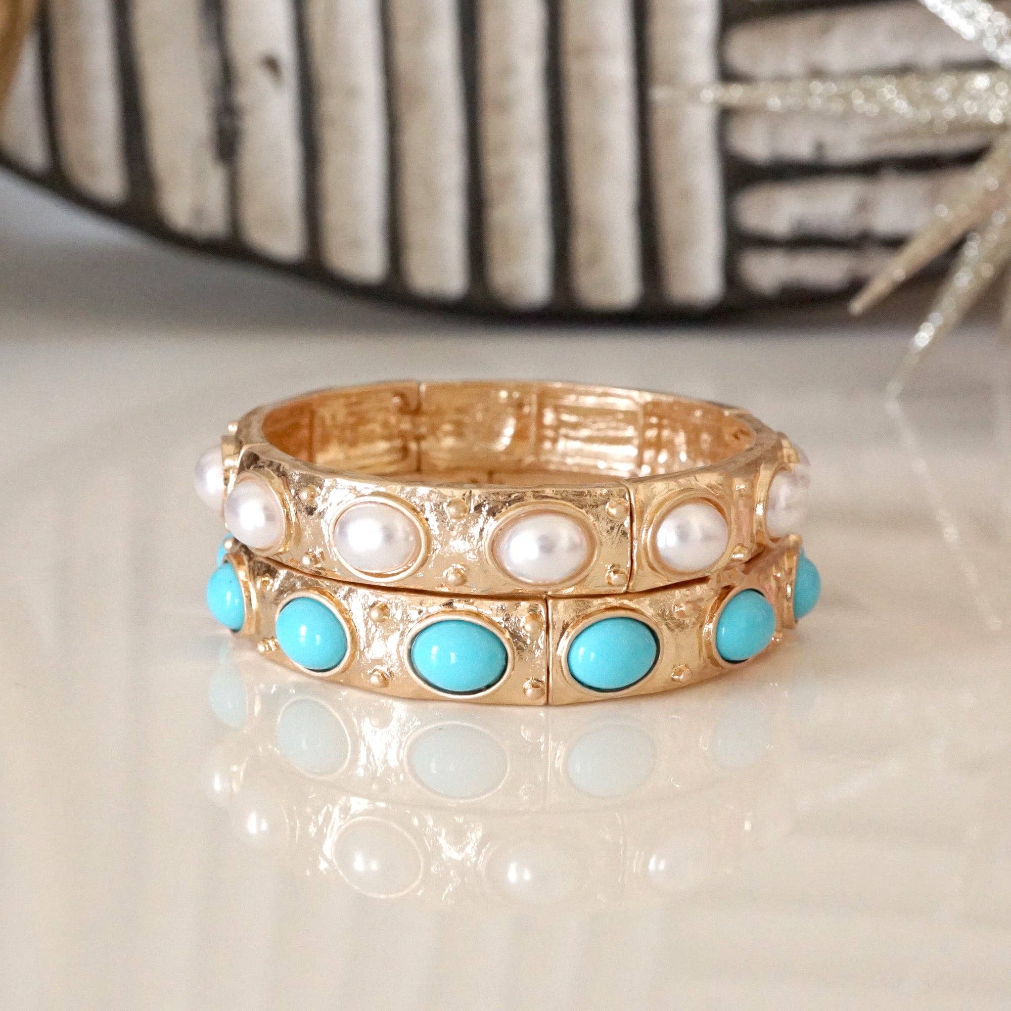 PennyLine inc - Wholesale Bangle Bracelet - Classic Golden Stretchy Bangles – Pearl or Turquoise Accents7
