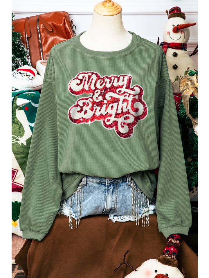 As shown Christmas Merry & Bright Sequin Rib Sweatshirt*S-2XL for wholesale on Faire