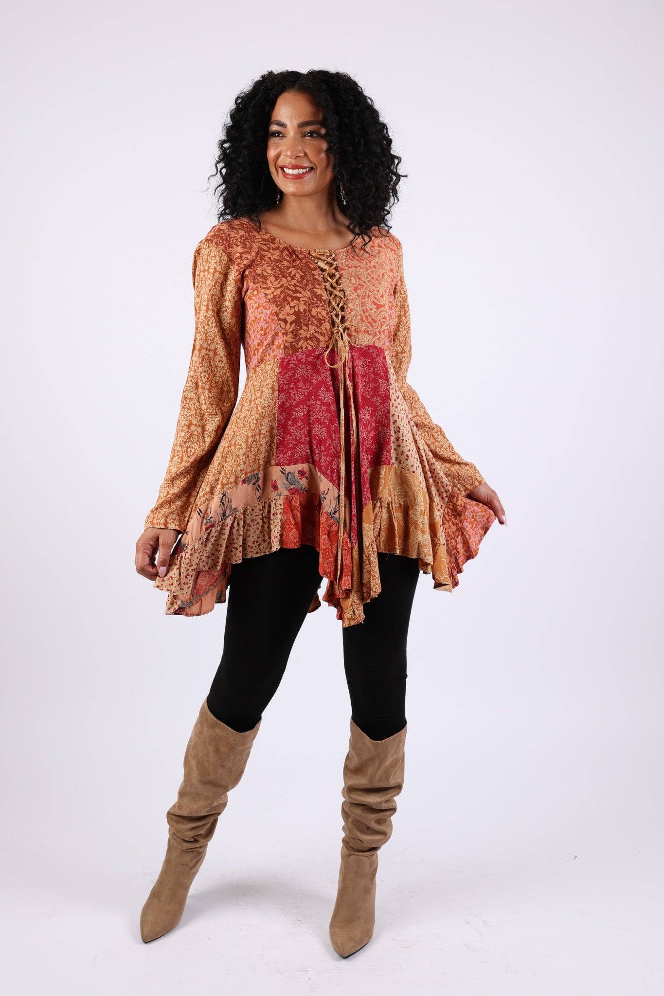 Sacred Threads - Wholesale Dress – Women's - Rustic Lace-Up Mixed Patchwork Dress (Maple Bloom) XXL