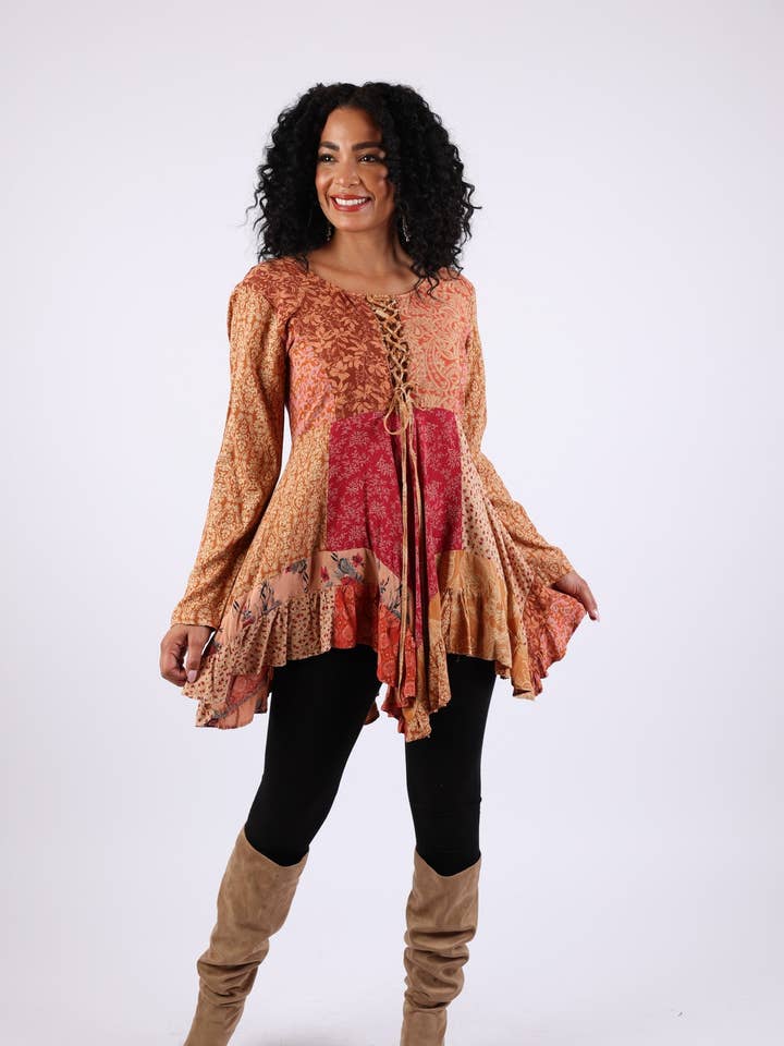 Sacred Threads - Wholesale Dress – Women's - Rustic Lace-Up Mixed Patchwork Dress (Maple Bloom) XXL0