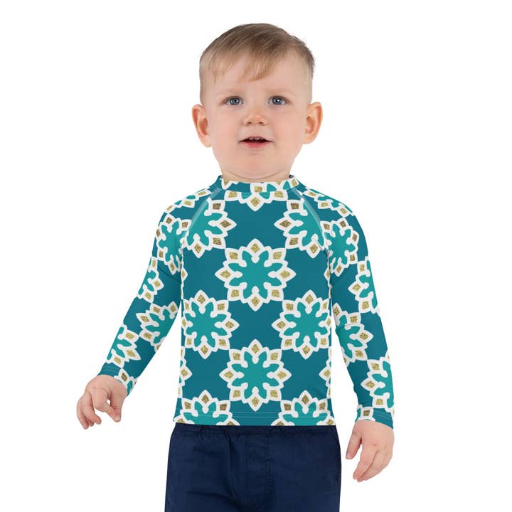 The Shamal - Wholesale Rashguard - Kinderen - Rash Guard voor kinderen, 2T tot 7 jaar - Arabesque-bloemen in aqua en goud4