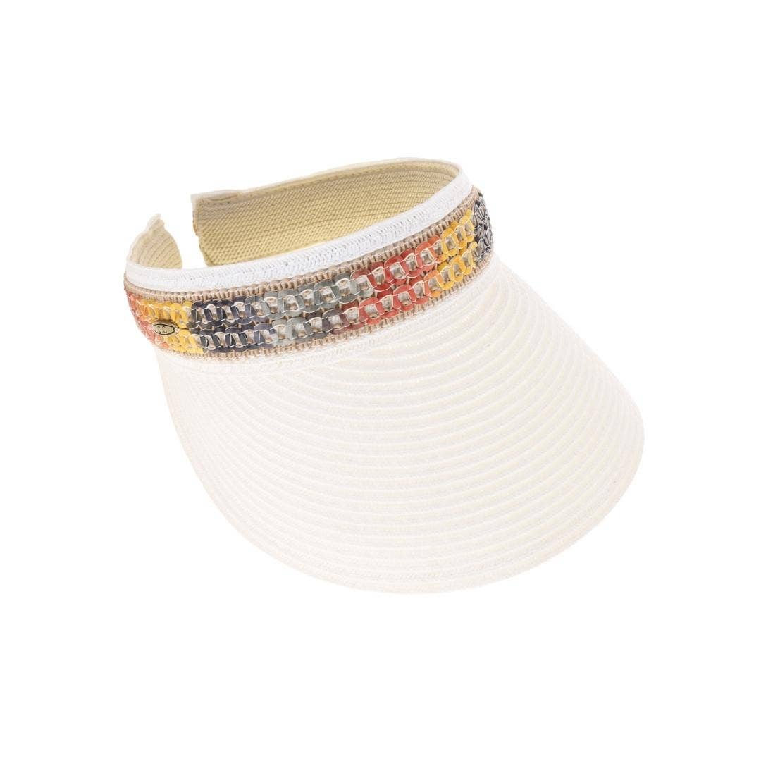 C.C Beanie – wholesale Visor – Women's – Colorful Cutout Faux Leather Band C.C Straw Sun Visor SV10061