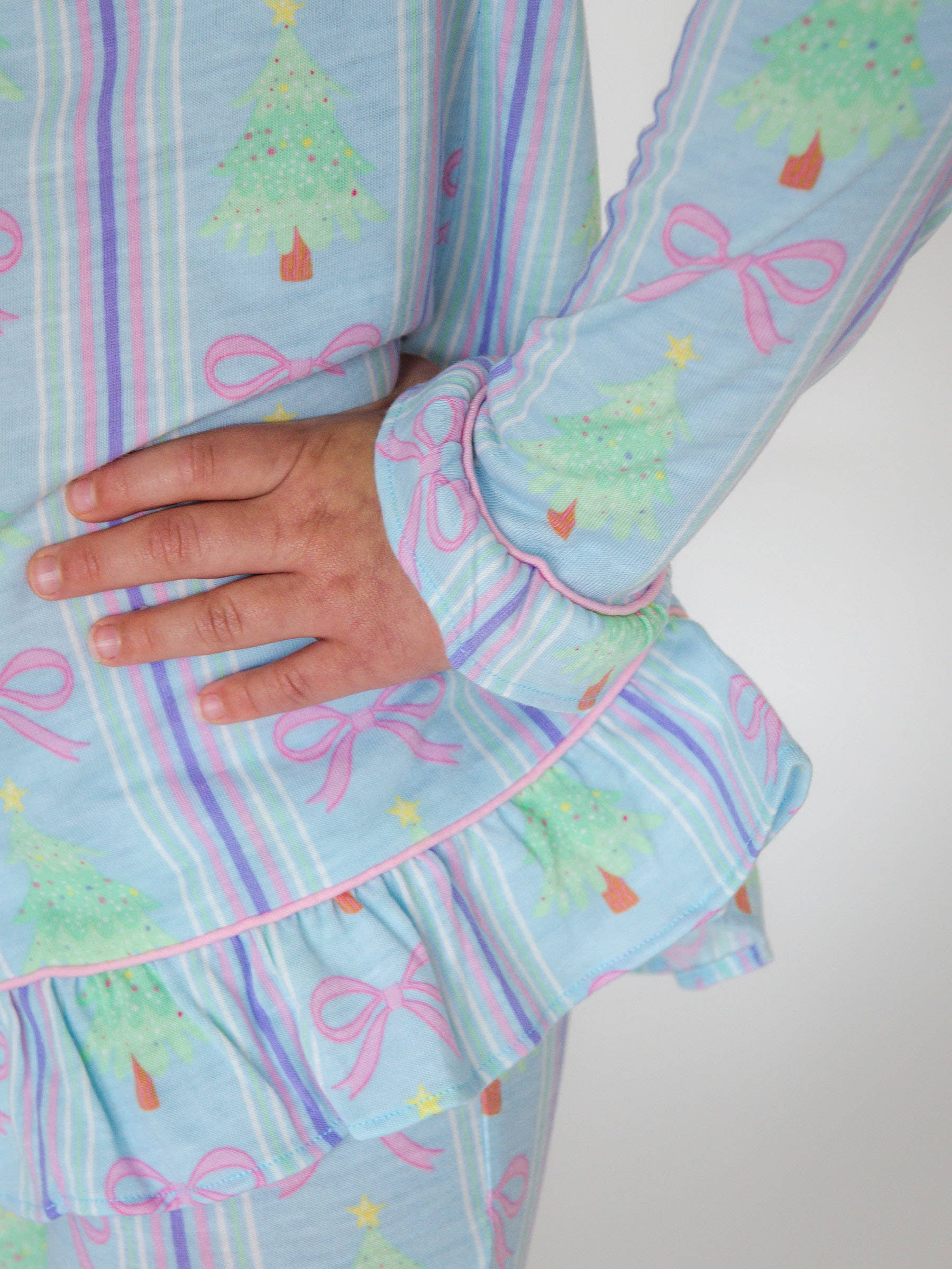 Blue SoftSnooze™ Girls Merry Bow Dreams Long Sleeve Button Up Ruffle Flare Pajama Set for wholesale on Faire3