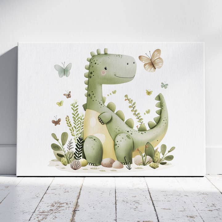 Söt grön dinosaurie i naturen - Inramad canvasväggkonsttryck för wholesale av House Prints