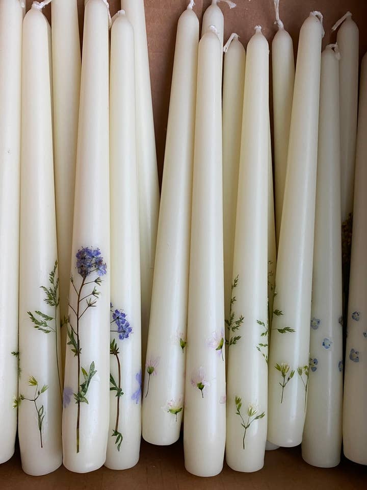 Pressed Wildflower Taper Candles for wholesale by Pressed Petals by Molly