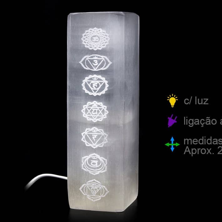 Selenite Tower Lamp 7 Chackras Approx 25cm for wholesale by Esoterica Arte