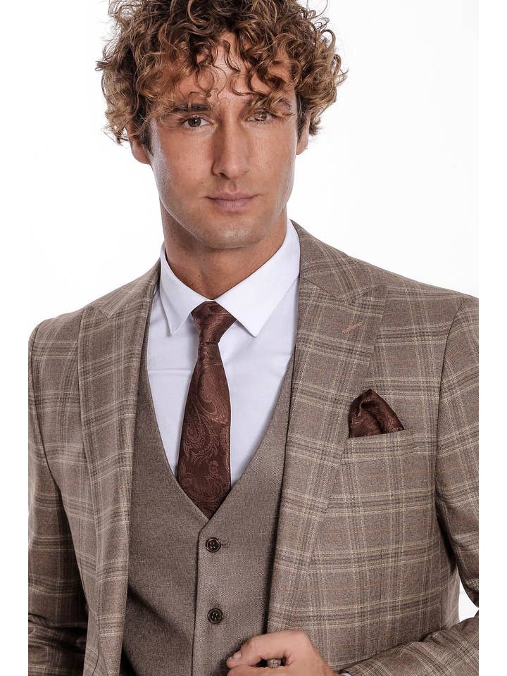 Brun Kontrolleret Slim Fit Lysebrun Herre Jakkesæt - Spids Revers for engroshandel på Faire1