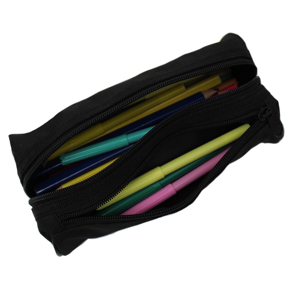 Powell Creative Products Ltd - Wholesale Pencil Case/Pouch - Black Pencil Case Plain 2 Zipped Compartments for Boys 11