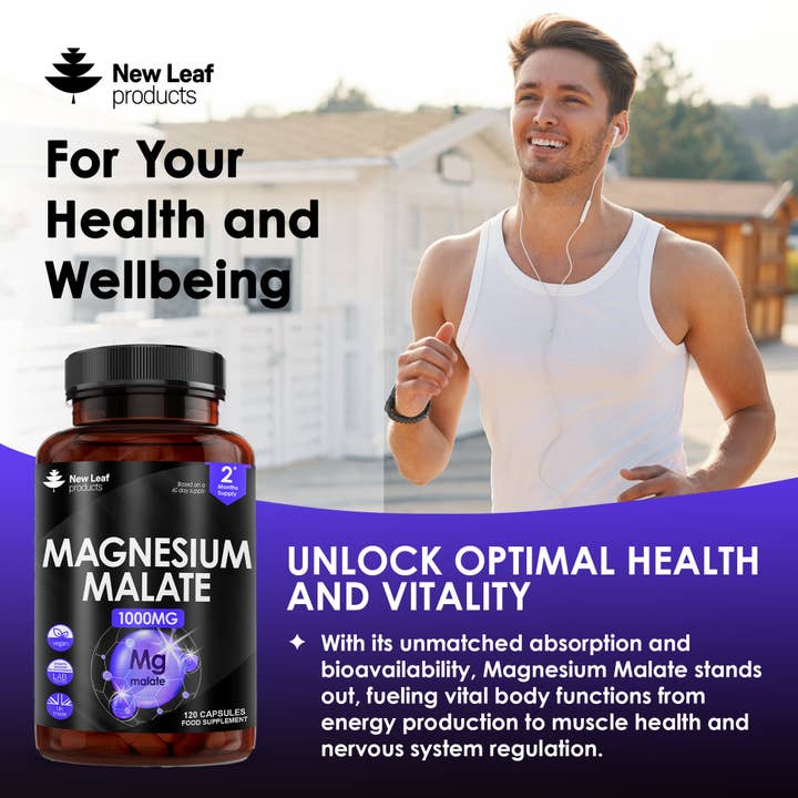 New Leaf products Ltd – wholesale Oral supplement/vitamin – Magnesium Malate Capsules (120) High Strength 1000mg Vegan2