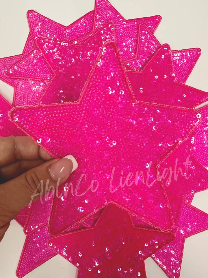 trucker hat patches 5” hot pink star sequins patch iron on for wholesale by ABLNco