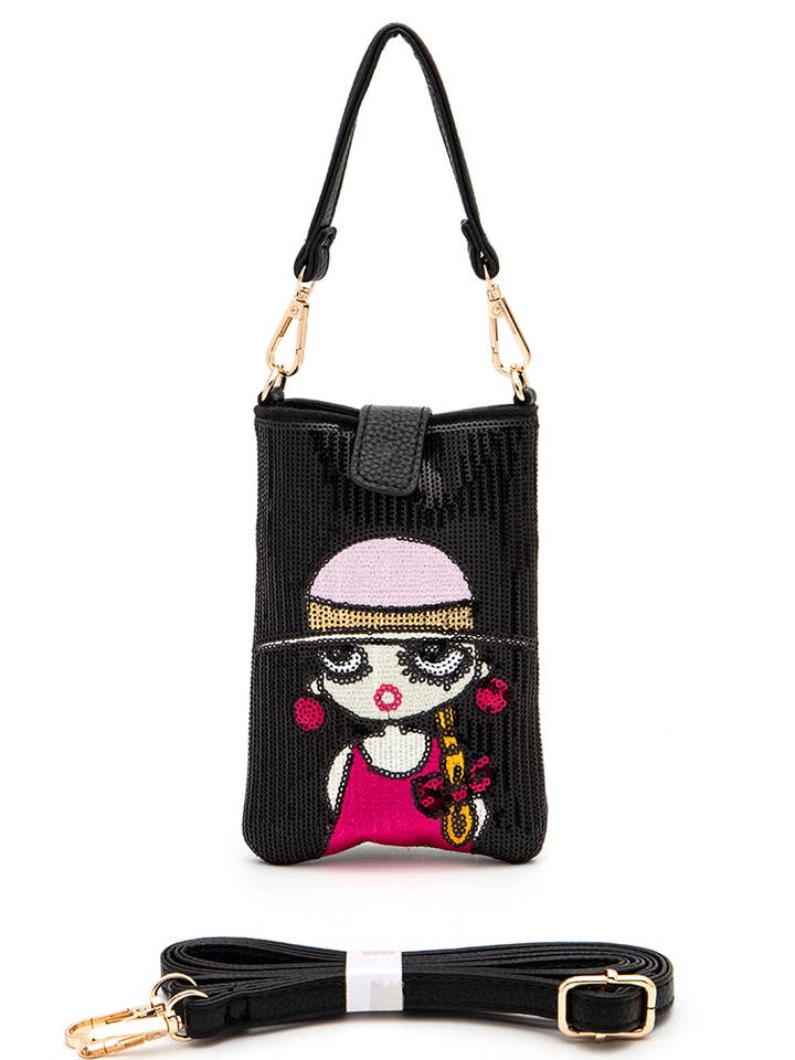 Sac à bandoulière convertible avec imprimé fille et sequins pour téléphone portable pour la vente par Artini Accessories