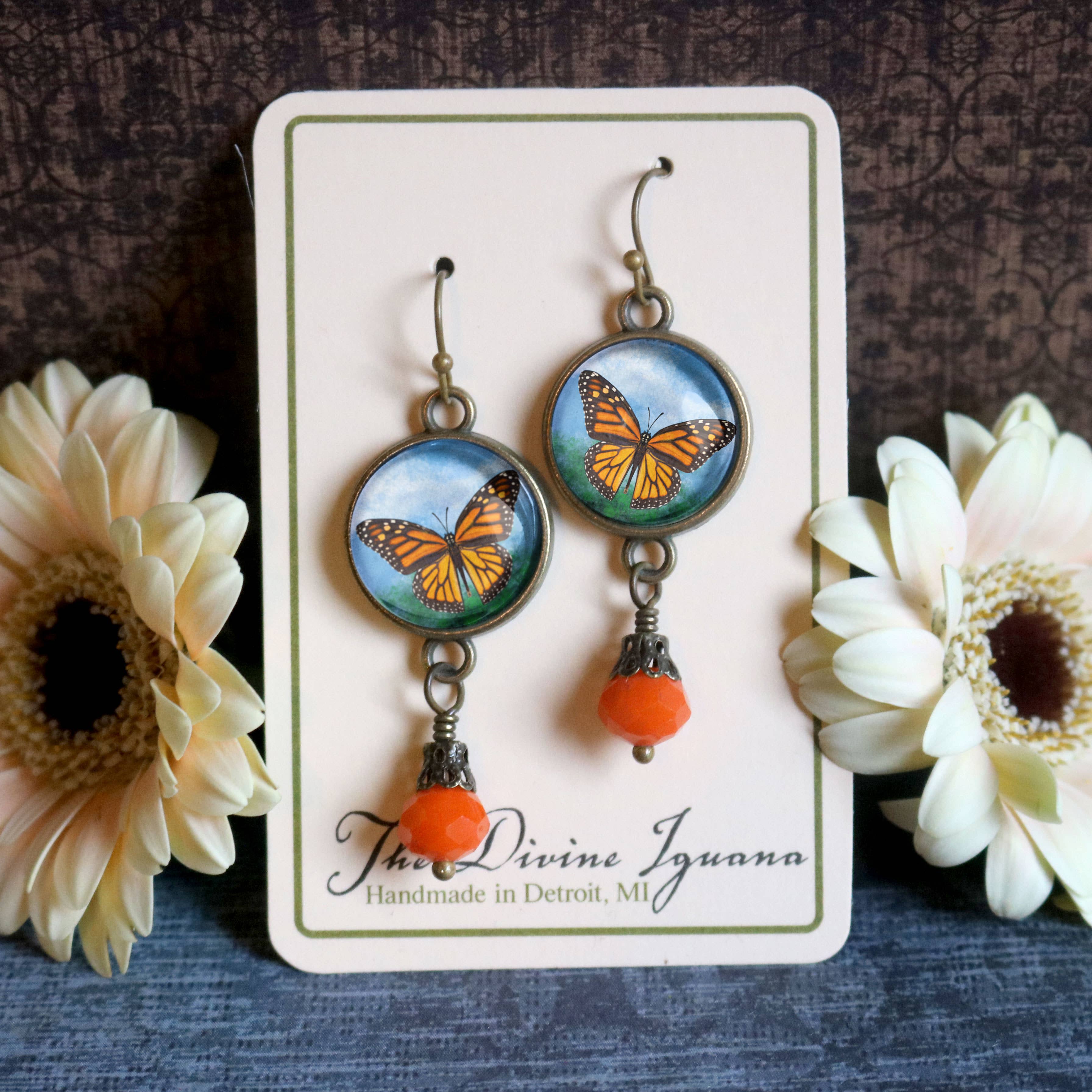 The Divine Iguana - Wholesale Dangle Earrings - Monarch Butterfly Glass Cabochon and Bronze Earrings2