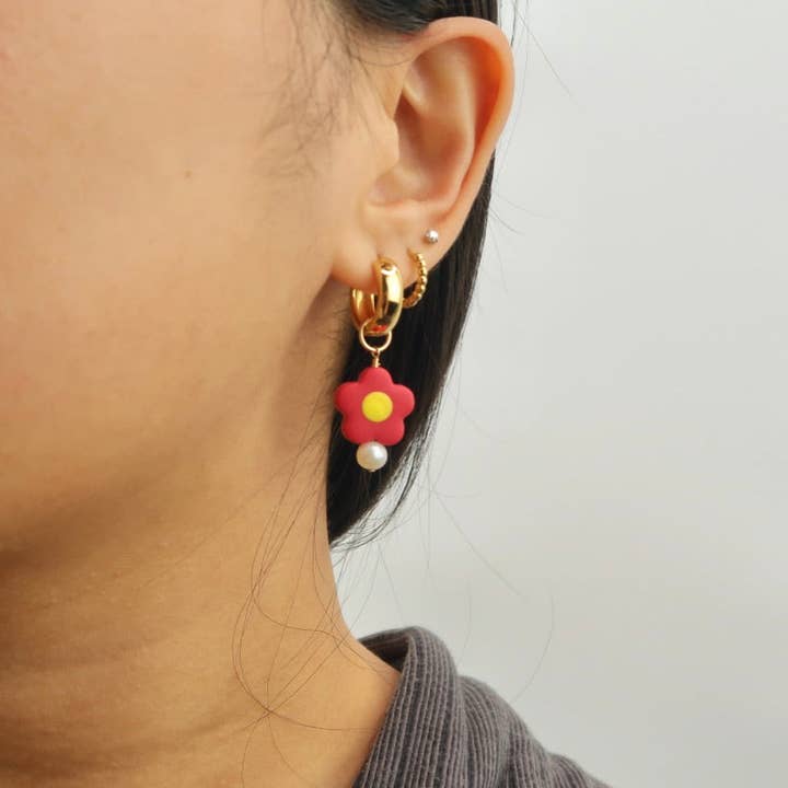 Crimson Daisy Pearl Charm Earrings for wholesale by Hello Koai