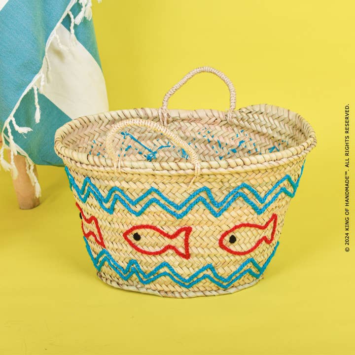 King Of Handmade – Engroshandel Strandtaske – Håndvævet strå strandtaske med fiskemotiv - ferietaske