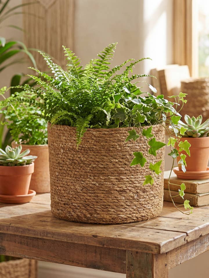 Cache-pot en panier naturel (ensemble de 5) (20 cm, 18 cm, 15 cm, 13 cm, 10 cm) pour la vente par Creation Jute