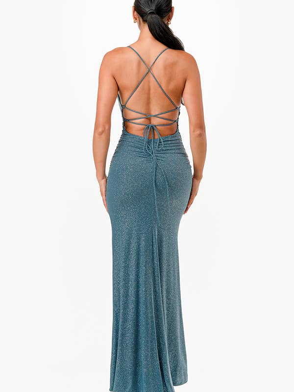 La Scala - Wholesale Dress - Women's - Glittered ITY Back lace up mermaid dress with waist shirring6