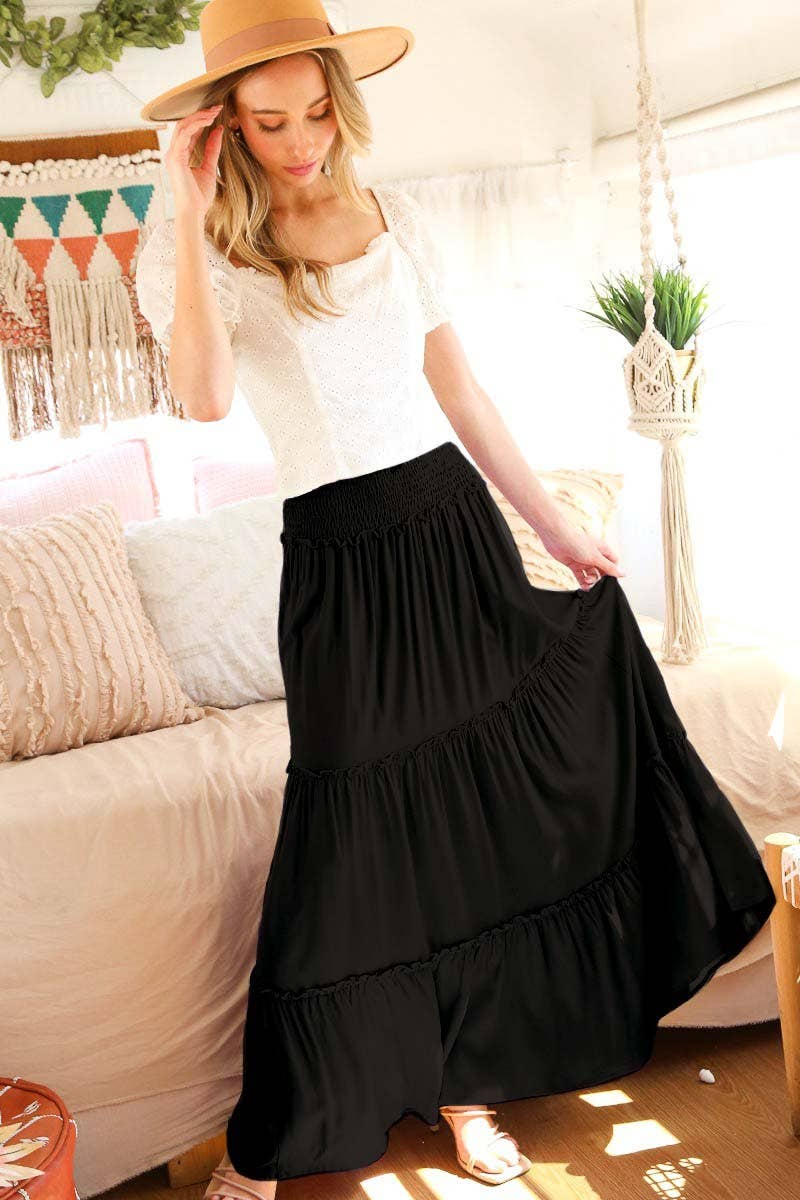 Vine & Love - Wholesale Skirt - Women's - Smocked Waisted Flowy Tiered Boho Maxi Skirts VS730535
