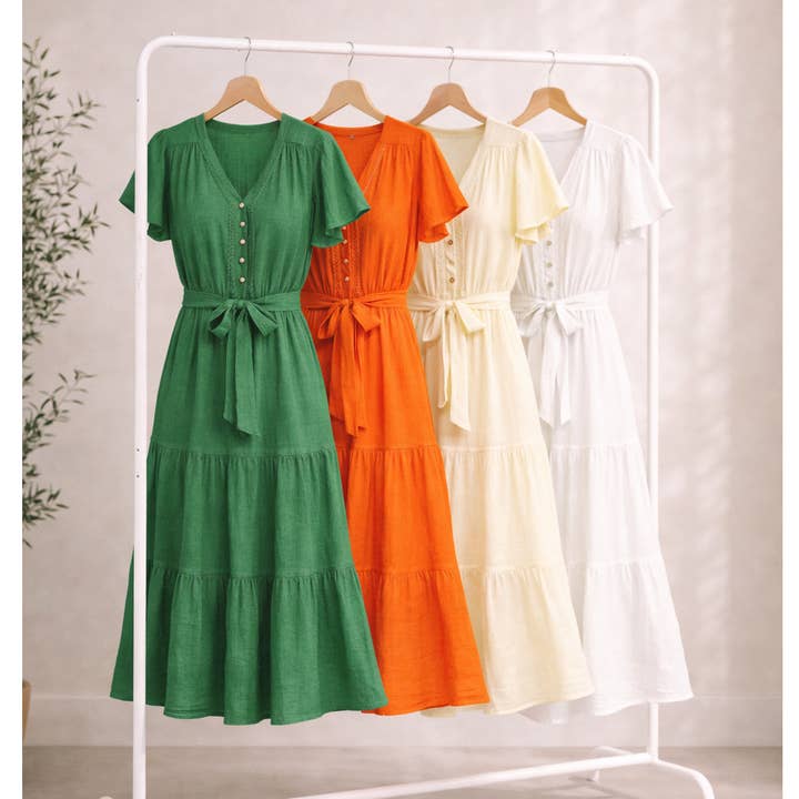 PAPAYA GLOW GAUZE MIDI DRESS WITH TRIM DETAILS for wholesale by Winslow Collection