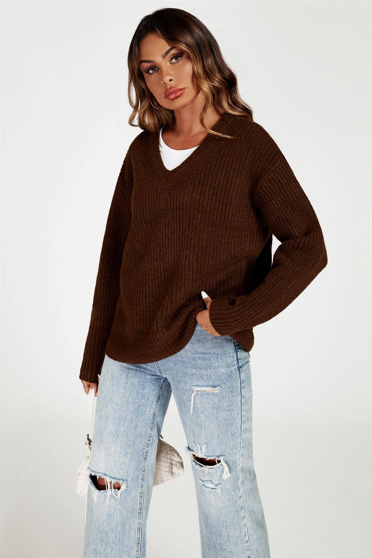 V Neck Jumper Top In Brown for wholesale on Faire1