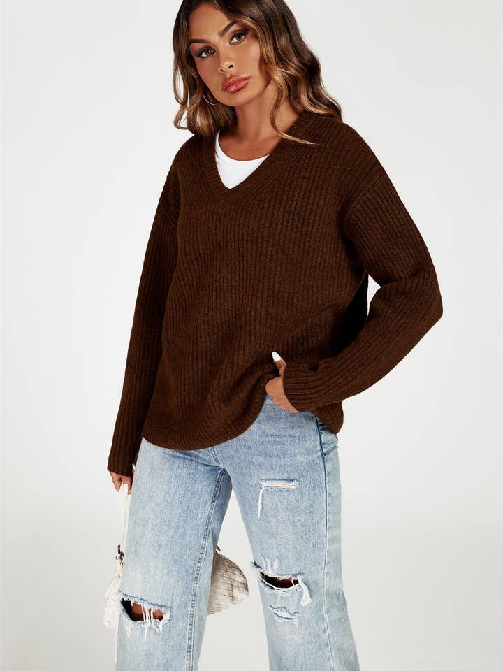 V Neck Jumper Top In Brown for wholesale on Faire1