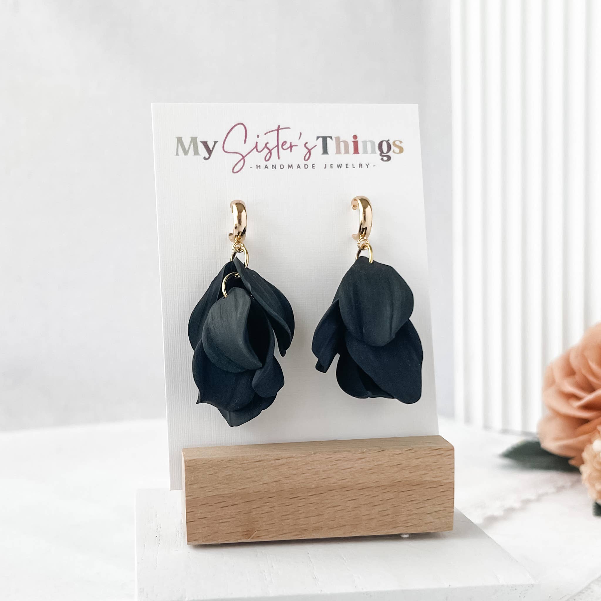 My Sister’s Things - Wholesale Dangle Earrings - Black Petal Dangle Earrings, Clay Boho Statement Earrings3