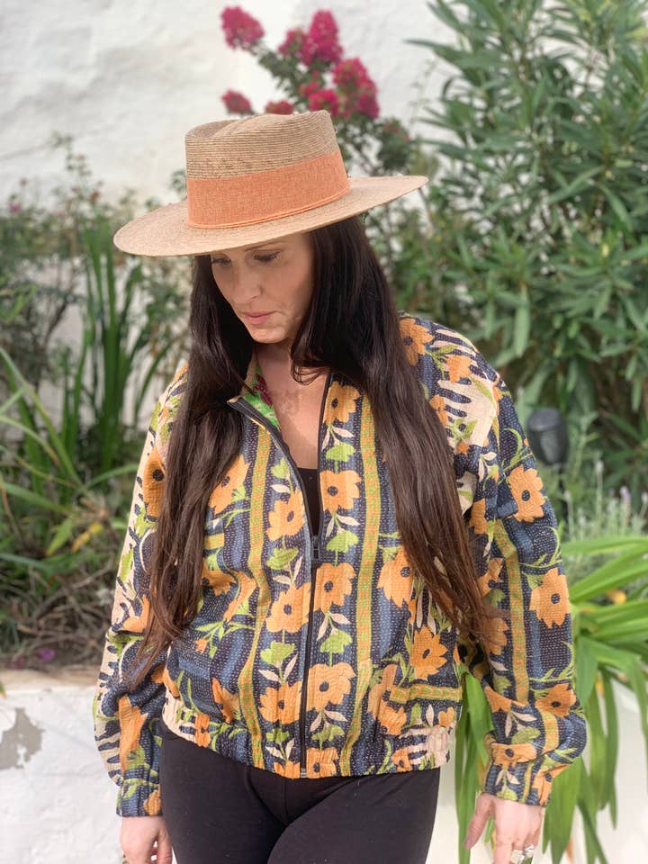 Kantha bomber jacket in vintage cotton textiles for wholesale by Aurobelle Ibiza