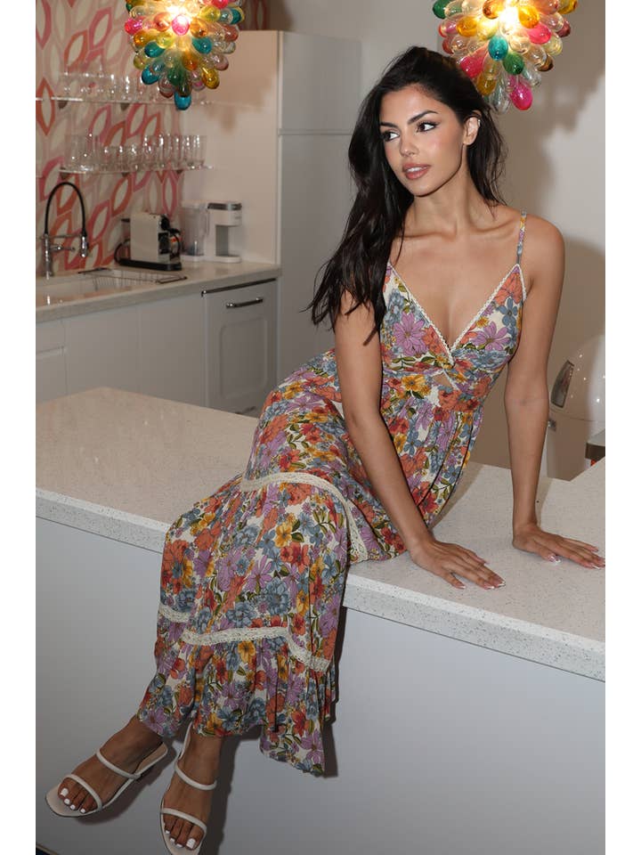 ANGIE - Wholesale Dress - Women's - F4F48-A855 V NECK TWIST FRONT CUT OUT MAXI WITH LACE