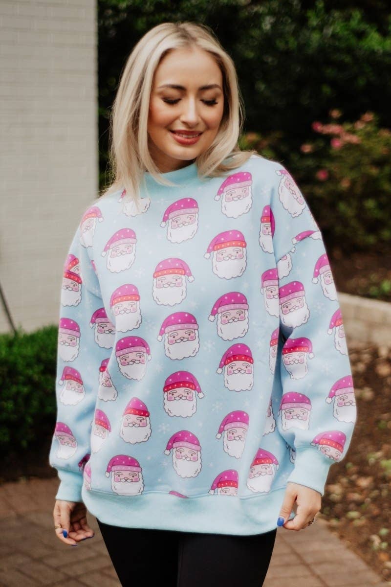 Light Blue Pink Santa Faces All Over Print Christmas Sweatshirt for wholesale on Faire4