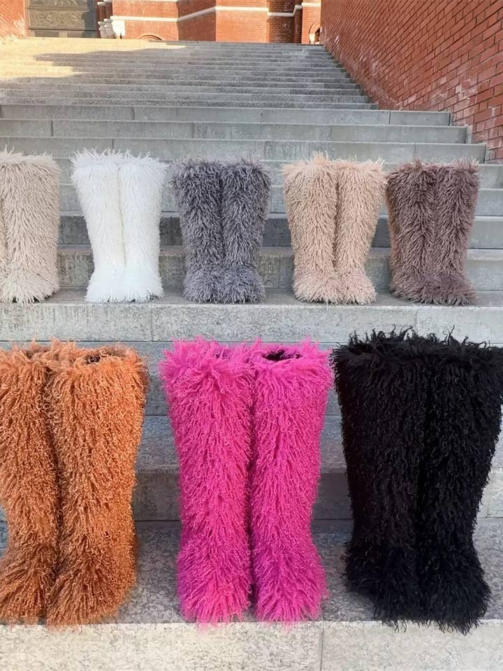Every Fashion Knee-High Fluffy Faux Fur Statement Boots 008 RA for wholesale by MB Fashion Wholesale