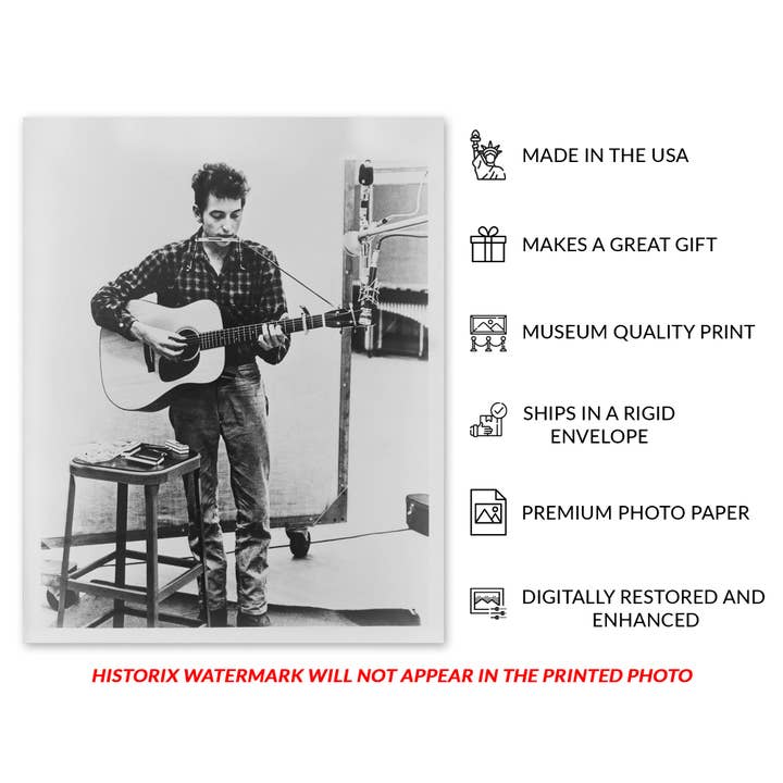 Historic Prints - Wholesale Art Print - 1965 Bob Dylan Self Portrait Photo Print - Vintage Full-Length Portrait Photo of Bob Dylan Playing Guitar Wall Art Poster