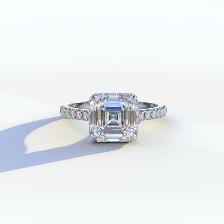 Anillo con diamante de laboratorio de 3.5 Ct E/VVS corte Asscher en engaste halo - Azzurra para venta al por mayor de Mohana Jewels - Luxury