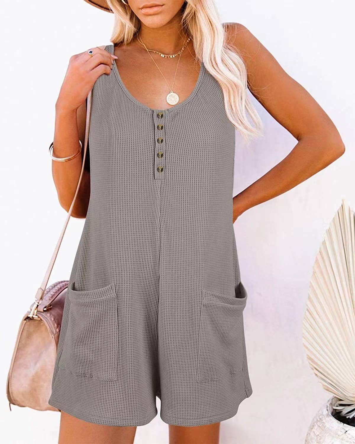 Rosa Clothing - Wholesale Romper - Women's - Waffle romper pocket jumpsuit12