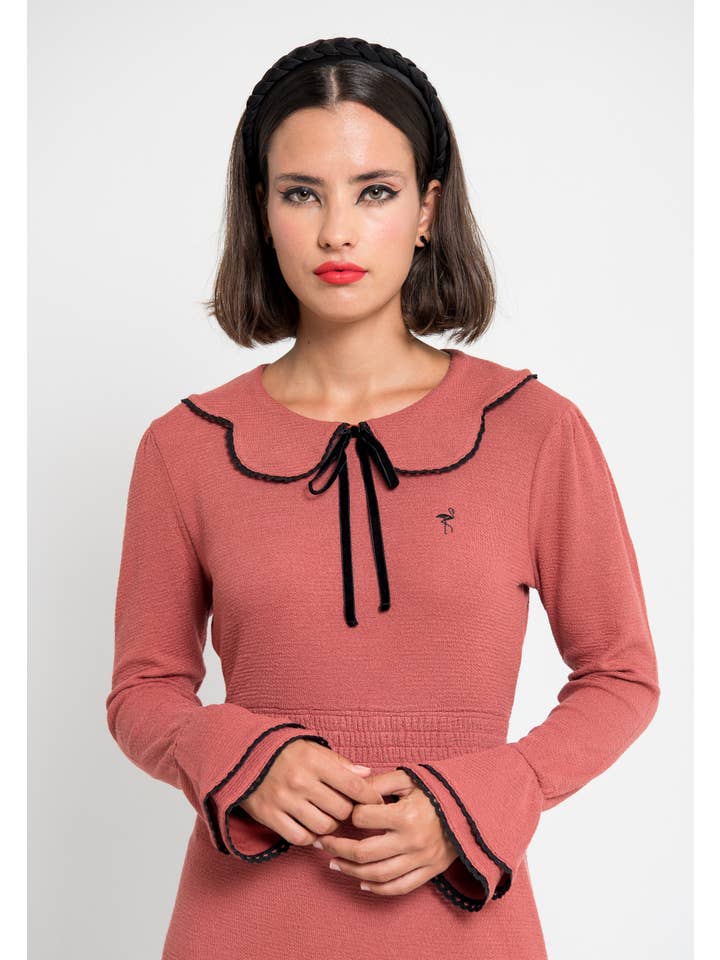 Black Flamingo - Wholesale Dress - Women's - Emily Dress.Bordeaux knit dress w/baby collar & wave trim