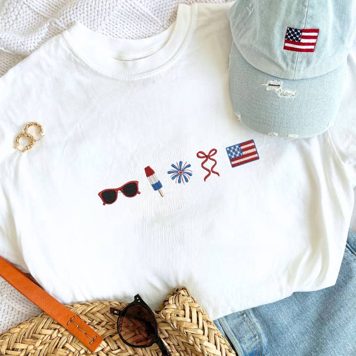 Embroidered 4th of July Icons Comfort Colors T-Shirt for wholesale by Arden & Gold