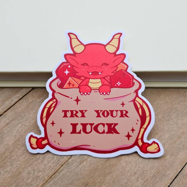 Try Your Luck Dragon in Dice Bag Matte Vinyl Sticker for wholesale by Nyanzilla