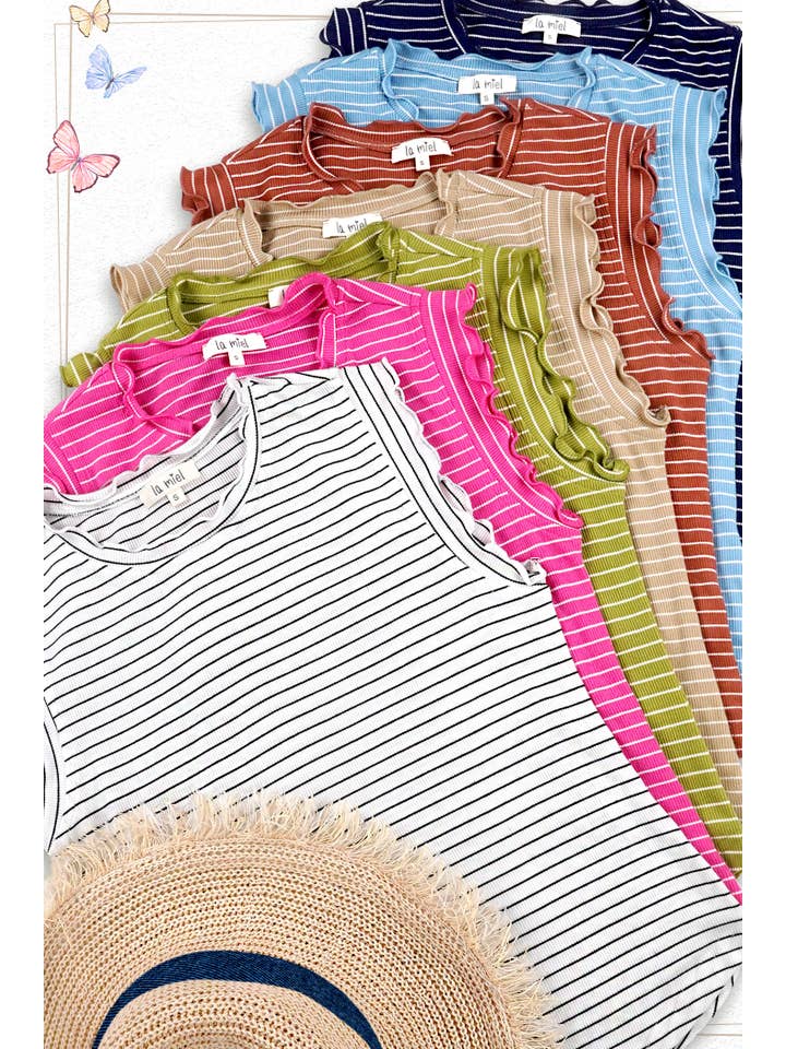 La Miel - Wholesale Tank Top - Women's - HCT7692-Stretchy Brushed Ruffle Sleeve Stripe Tank Top
